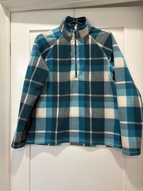 Eddie Bauer Teal Navy and Cream Plaid Half-Zip Fleece Size large